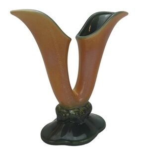 Vintage Hull Pottery Double‎ Cornucopia Vase 103 Mottled Orange and Green